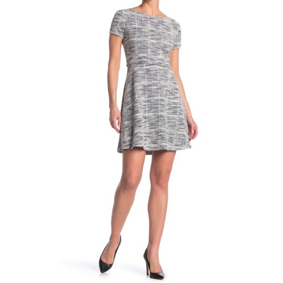Max Studio White and Blue Textured Fit and Flare Cap Sleeve Short Dress - Picture 1 of 16